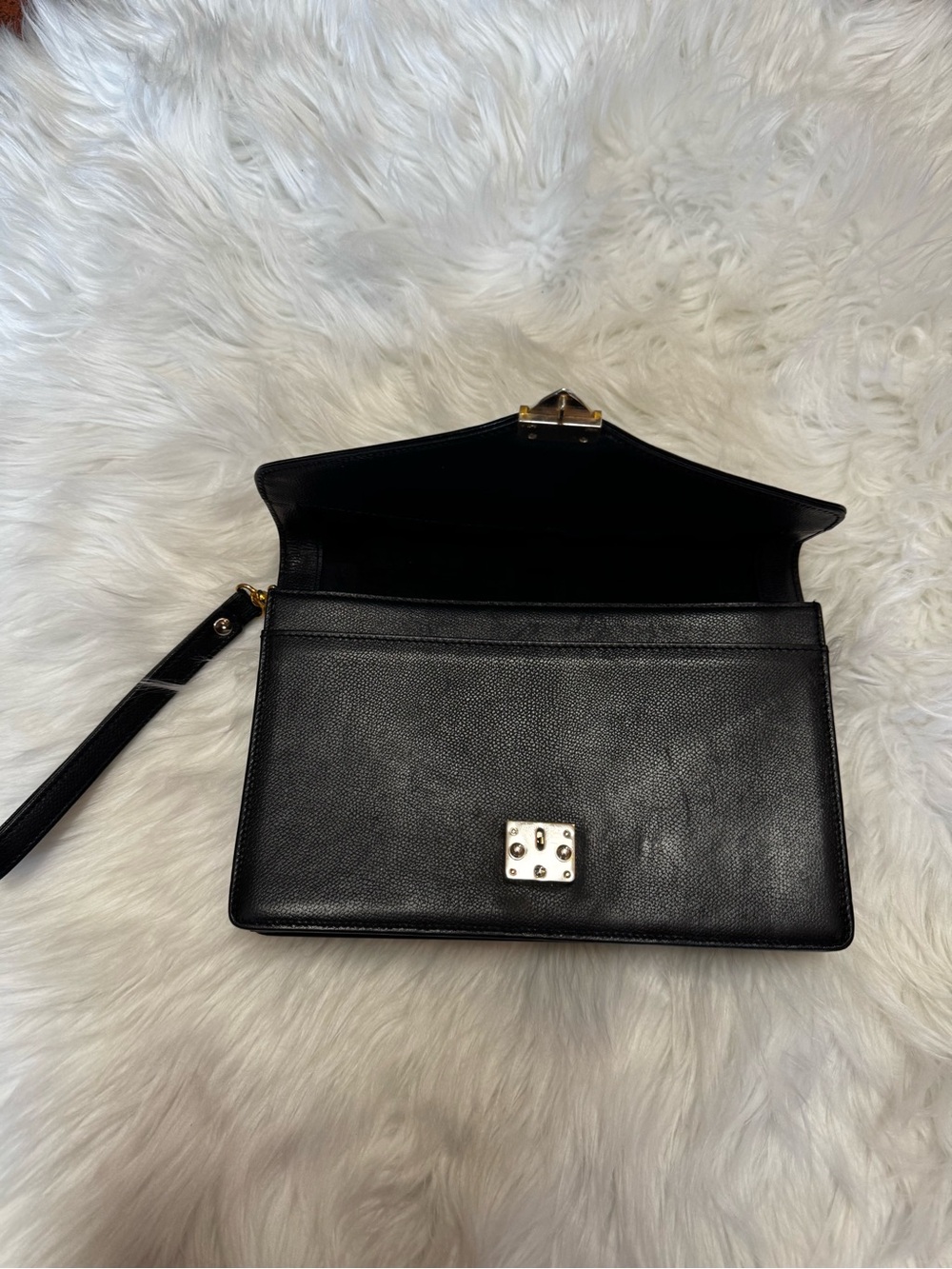 YSL Authentic vtg Black Leather Envelope Clutch Bag Removable Wrist strap - Picture 9 of 14